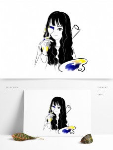 人物艺术生头像调色盘画笔女孩黑白动漫卡通