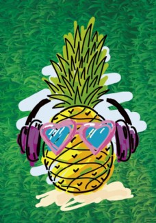 卡通菠萝带耳塞听音乐的菠萝