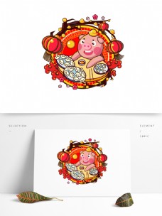 春节卡通小猪吃饺子发大财场景矢量装饰图案