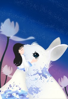 美女和兔子插画背景图