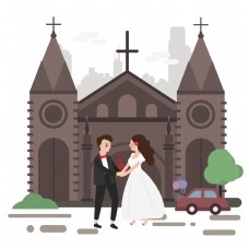 卡通风城市教堂前的新婚男女