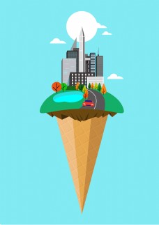 原创矢量插画城市晴天冰淇淋