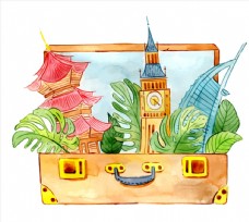 彩绘打开行李箱里的风景名胜矢量