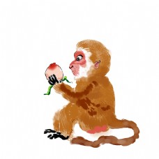 猴子吃桃手绘中国风水墨系列二