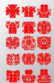 中式红色婚庆中式喜庆双喜剪纸矢量