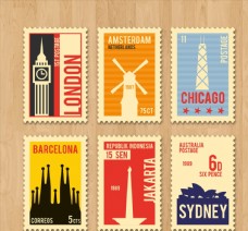 城市旅游6款复古旅游城市邮票矢量素材