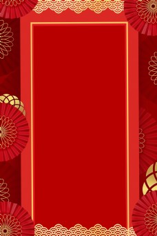 中国春节红色扇子简约边框中国风春节海报