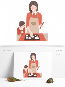 手绘过年包饺子的母子俩人物设计