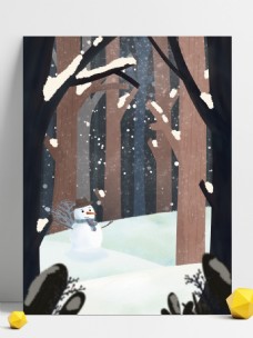 手绘冬季树林雪地雪人背景设计