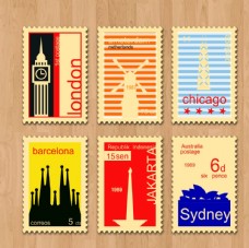城市旅游复古旅游城市邮票