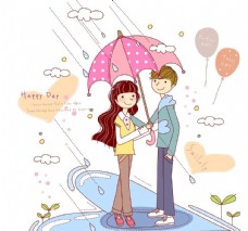 卡通雨中情侣插画