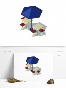 2.5d蓝色伞桌子椅子装饰素材设计元素