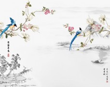 中式传统玄关花鸟植物背景墙画