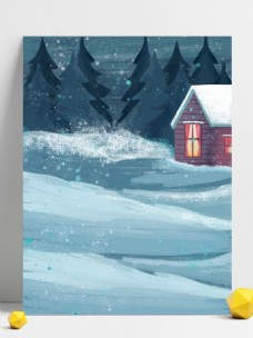 水彩冬季雪地小屋树林背景设计
