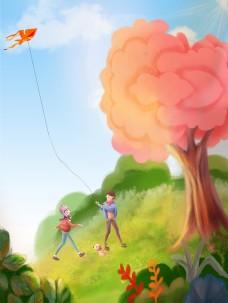 春季卡通儿童放风筝背景