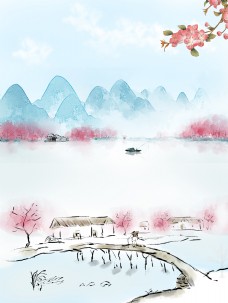 中国风水墨樱花山水背景