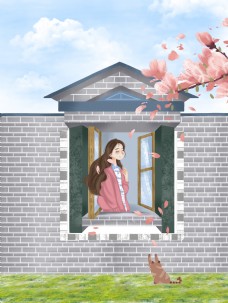 春季手绘樱花窗前女孩背景