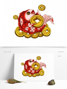 中国新年商用手绘新年喜庆中国风动物铜钱鲤鱼元素