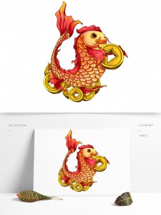 中国新年商用手绘新年喜庆中国风动物铜钱鲤鱼元素
