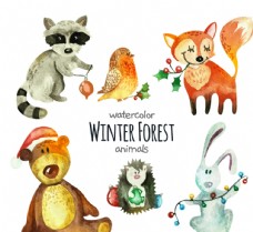 彩绘冬季森林动物矢量图