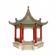 手绘中国庭院古亭建筑