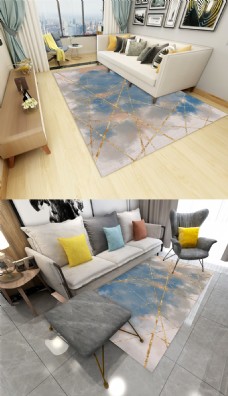 现代简约北欧蓝色高贵几何地毯图案地垫设计