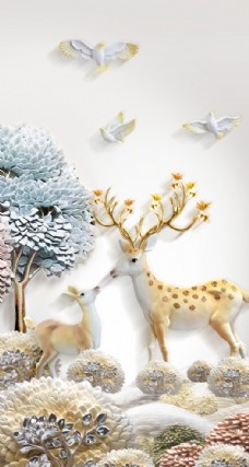 中华文化北欧森林麋鹿玄关立体浮雕画