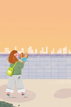 城市街道购物女孩插画海报