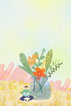 春日浪漫植物男孩插画海报