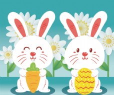 可爱白兔在春季白色花丛