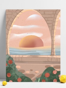 彩绘春季圆月花园背景设计