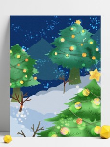 彩绘圣诞节树林雪地背景设计