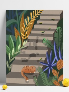 清新春季台阶上的小猫背景设计