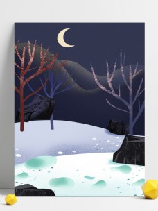 手绘冬季树林雪地月亮背景设计