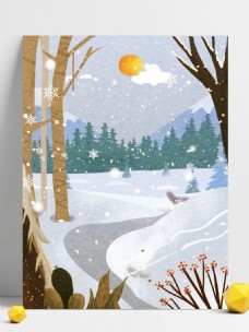 手绘冬季雪地树林背景设计