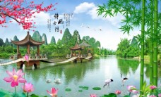 欧式风格竹枝清新绿色风景湖泊壁画背景墙