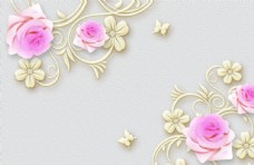 欧式花纹背景玫瑰花枝花朵简约电视背景墙壁画