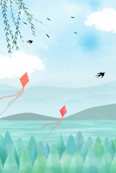 二十四节气春分简约手绘小清新风筝海报