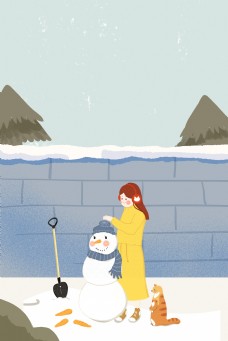城市街道堆雪人女孩插画海报
