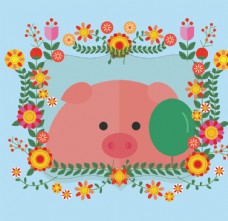 彩色你好春季花卉框架可爱动物猪