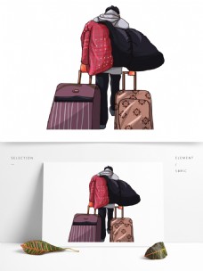 手绘拖着两个行李箱的男人背影设计