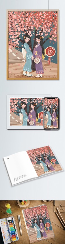 夏日女孩日本樱花季女孩在樱花树夏拍照唯美小清新