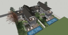 草图大师模型中式双拼双坡屋顶别墅