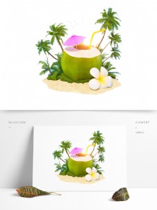 清新水彩椰子汁卡通透明素材