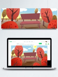 卡通手绘红色树木秋季公园风景插画背景