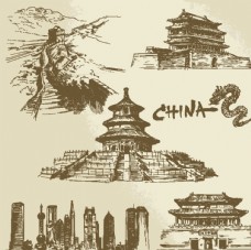 中国风设计手绘中国著名建筑