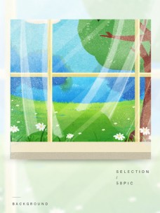 卡通手绘窗外绿色风景插画背景