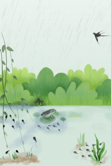 手绘水墨风24节气惊蛰春天雨水水彩海报