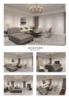 天空欧式大气暖色客厅空间模型效果图