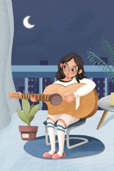 手绘夜色下弹吉他的少女居家背景